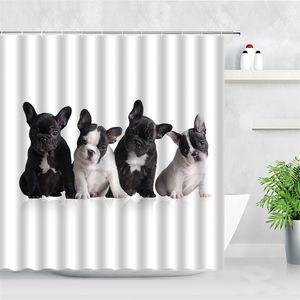 Cute Dog Shower Curtains Black Funny Animals French Bulldog Pattern 3D Print White Home Bathroom Decor Hooks Bath Curtain Sets 211116