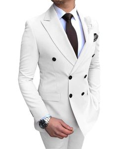 New White Men's Terno 2 Peças Dupla-Breasted Notch Lapel Flat Slim Fit Fit Smoking Casual para Casamento (Blazer + Calças) x0608