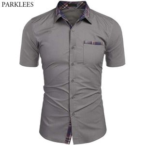 Gri Erkek Elbise Gömlek Moda Ekose Yaka Patchwork Gömlek Erkekler Iş Resmi Pamuk Gömlek Erkek Casual Düğme Up Chemise Homme 210522