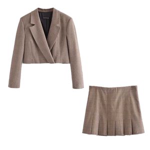 Kadınlar 2 Parça Set Takım Elbise Kırpılmış Blazer Ve Mini Pileli Etek Zarif Yüksek Moda Chic Lady Kadın Blazer Kıyafetler 210709