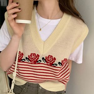 2Color Spring and Autumn korean style v neck Rose Vintage knitted sleeveless vest sweaters womens pullovers (X1765) 210508