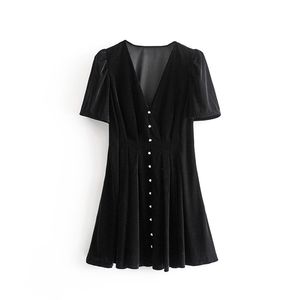 Новая мода V-воротник с коротким рукавом однорядный бархатный короткое платье для осенних женщин в 210323