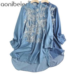 Haftowana koszula denim Dres Blue Floral Casual Spring Long Letnia Praca Opiekuj Lady Bawełna 210604