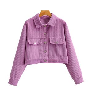 Women Fashion Loose Corduroy Cropped Jacket Coat Vintage Long Sleeve Pockets Female Outerwear Chic Tops 210521