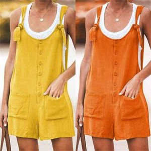 Plus Size Casual Playsuits Mulheres Verão Sem Mangas Backless Lace Up Macacão Senhoras Jumpsuits Tanque Botons Bolso Loose Macacões 210522