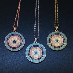 OCESRIO Turkish Round Evil Eye Pendant Woman Micro Pave CZ Zircon Gold Long Chain Necklace Silver Color nke-n89