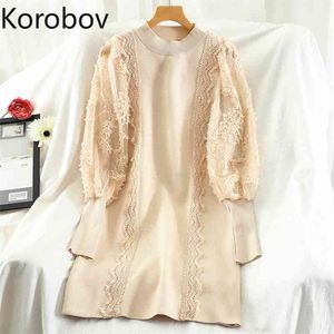 Korobov Kore Tatlı Puf Kollu Ofis Lady Elbise Yeni Zarif Dantel Patchwork Elbiseler Oymak Sonbahar Kış Vestidos 210430