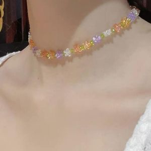 Chokers Korea Summer Lovely Colorful Flowers Daisy Transparent Crystal Beading Strand Short Choker Necklace For Women