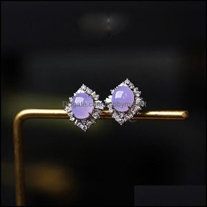 Stud Earrings Jewelry Inspiration Craft Sier Inlaid Crystal Natural Chalcedony Violet Geometric Exquisite Charm Ladies Drop Delivery 2021 Zi