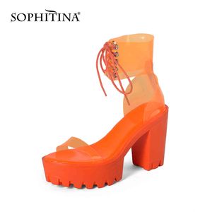 Sophitina Jelly Sandals Plarform Heeled Kobiety Sexy Leopard Kryształ Kryształowy Kostka Pasek Lace Up Sukienka Sandals Lady But Po642 210513