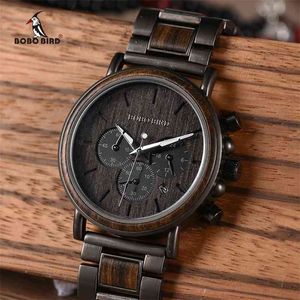 Bobo Bird Wood Men Watch Relogio Masculino Top Brand Luxury Stylish Chronograph Wojskowe zegarki Zegarki w drewnianym pudełku 210329