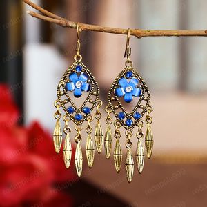 Modny Rhombus Czerwony Kryształowy Kwiat Długi Tassel Kolczyk Vintage Gold Metal Indian Dangle Kolczyki Jhumka Bohemian