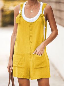 Kvinnors Jumpsuits Rompers Bomull Linen Ärmlös Kort Jumpsuit Kvinnor Streetwear Playsuits Fickor Loose Beach Casual Boho Kläder