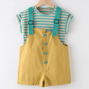 Summer Girl Clothes Set Fashion Short-sleeve Striped Printed T-shirt + Suspender Shorts Casual Toddler Children 2Pcs 210515