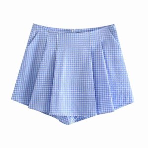 Elegante xadrez azul cintura alta mulheres shorts verão casual doce mini shorts chic feminino outwear 210521