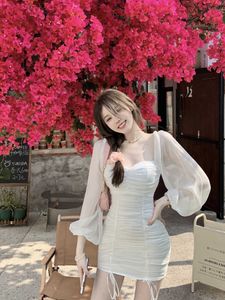 Temperamento sexy elegante soffio manica lunga collo quadrato abito in chiffon bianco donna mini slim avvolgente anca dolce rosa moda vestido 210610
