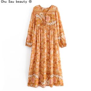 Autumn Women's Positioning Vintage Flower Printing Tassels Lace Long-Sleeve Long Dress Female Boho Style 210508
