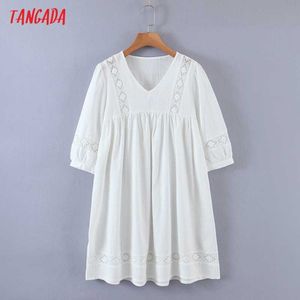 Tangada Sommar Kvinnor Fransk stil Lace Patchwork Cotton Dress Puff Short Sleeve Ladies Sundress RB21 210609
