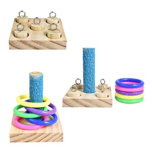 Fåglar Papegoja Träplattform Plast Ringar Intelligence Training Chew Puzzle Toy Block Pet Pedagogiska Gåvor