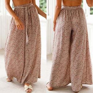 Calças femininas Capris Floral Geométrico Impressão Elástica Cintura Alta Sashes Long Life Perna Solta Culottes Maxi Calças