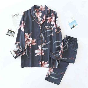 Spring and summer viscose ladies small fresh printed artificial cotton pajamas thin cool flowers long-sleeved home service suit 210809