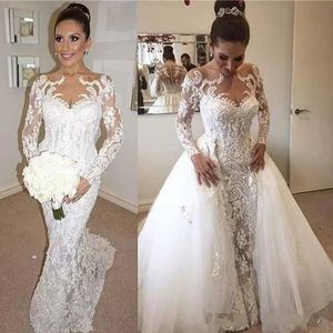 Elegant Lace Mermaid Wedding Dresses with Detachable Train Tulle Applique Embroidery Long Sleeves Wedding Bridal Gown Robe de mariée