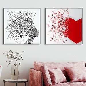 Streszczenie Muzyka Symbol Czerwony Miłość Serce Plakaty I Wydruki Płótno Obrazy Wall Art Pictures For Living Room Decor Cuadros (Brak ramki)