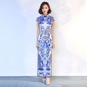 Kvinnor trycker blå och vit porslin lång qipao höst kinesisk stil smala raka klänningar elegant formell klänning kjol klänning etniska kläder