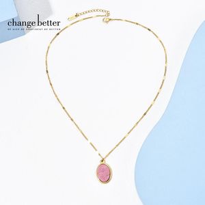 Hänge halsband förändra bättre naturlig rosa sten oval rostfritt stål halsband kvinnor temperament rött trämorn vintage