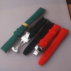 Watch Bands 18mm 20mm 22mm Blac Red Green Curved End Soft Silicone Rubber Wrist Band Strap med Butterfly Clasp för Mens