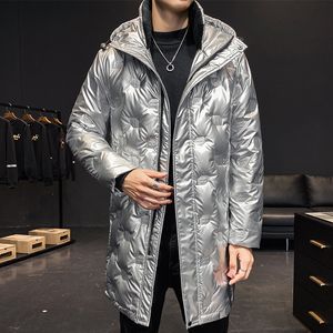 Marke Herren Winter Jacke Weiße Ente Unten Kapuze Jacke Lange Stil Warme Mode Zipper Mantel Männlichen Glänzenden Unten Mantel parka