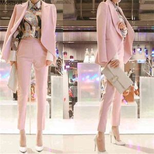 Elegant kostym Kvinnor Blazer Set Plus Size Långärmad Casual Loose Notched Suits With Pants Kvinna Koreanska Traje Mujer 210513