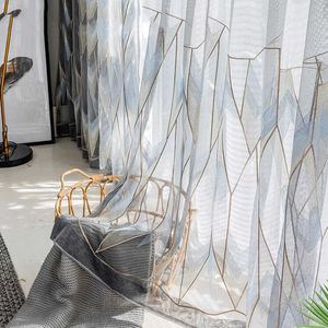 Grey Gold Geometric Tulle room divider curtain for Bedroom Nordic Embroidered Delicate Translucent Balcony Window Treatment Tenda zh055C 210712