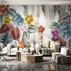 Özel duvar kağıdı modern 3d el boyalı suluboya bitki çiçek yaprak duvar boyama oturma odası tv kanepe papel de parede 3d