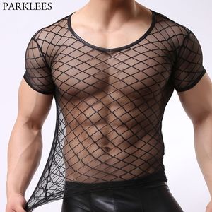 Męska szkocka siatki See-przez Fishnet T Shirt Sexy Krótki Rękaw Nightclub T Shirt Mężczyźni Party Bal Streetwear Tops 210522