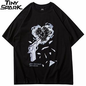 Streetwear Oversize Tshirt Hip Hop Pistolet Breaking Heart Print T-Shirt Mężczyźni Harajuku Bawełna Luźne Lato Krótki Rękaw Topy Tees 210716