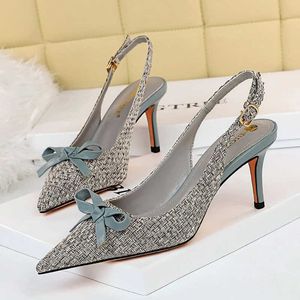 2021 Lato Eleganckie Kobiety Niebieski 7 CM Wysokie Obcasy Prom Sandały Żółte Stiletto Obcasy Bowknot Slingback Sandals Kobiet Buty Party Y0721