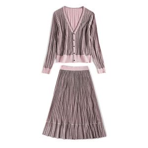 Kvinnor Lurex Sticka Svart Rosa V Neck Full Sleeve Cardigan Maxi Long Kjol Solid Två Pieces Set T0012 210514