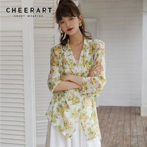 Chiffon Floral Long Blouse Women Sleeve High Low Flower Ladies Top Lapel Lace Up Yellow Korean 210427