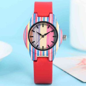 Multicolor Wood Fashion Stripes Stitching Bamboo Clock Female Lucky Red Leather Bracelet Watch Women's Wrist Reloj Mujer