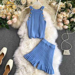 Verão Tricô Top + Shorts Mulheres Lounge Wear Sets Botão Tanque Curto Roupas Conjunto de Roupas Femininas 2 Piece Set 210506