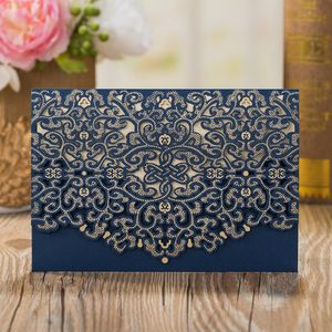 2021 Dark Blue Laser Cut Floral Flower Hollow Wedding Invitations Elegant Marriage Banquet Celebration Greeting Cards