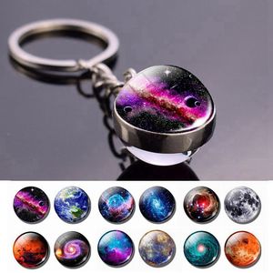 Galaxy Planet Keychain Trendy Solar System Art Bild Glas Boll Nyckel Kedja Moon Earth Mars Dubbel sida Hängsmycke Universe Smycken