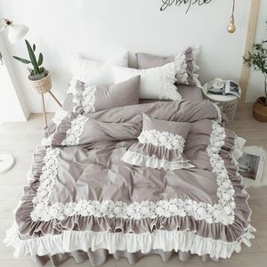 3/4 datorer sängkläder set queen size 100% bomull koreansk stil spets säng kjol ren bomull säng linne king size housse de couette säng set 210319