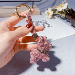 Luxury Crystal French Bulldog Keychain Lanyard Full Rhinestone Leather Strap Dog Keychains Kvinnor Väska Charms Men Bil Key Ring