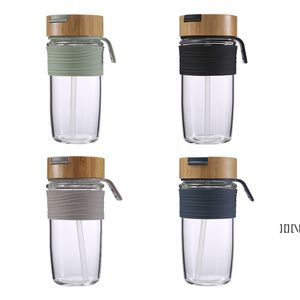 Wasserflasche aus Borosilikatglas, 600 ml, Sportbecher mit Strohhalmen und Silikon-Schutzhülle, Bambusdeckel, Seeversand CCB12279