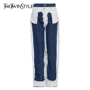 Streetwear Patchwork Quasten Jeans für Frauen hohe Taille Straight Casual Wide Bein Denim Hosen weiblich Mode 210521