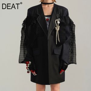 [DEAT] Mid Length Coat Lace V-Neck Collar Långärmad Med Bältes kostym För Kvinnor Casual Style Ny Mode Tide Spring GX001 210428