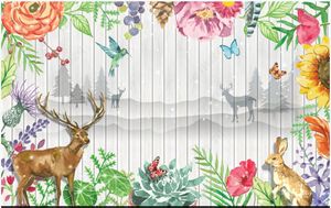カスタムフォトの壁紙3D壁画の壁紙モダンな緑の花と鹿の夢の自然ホワイトウッドの背景壁紙ホームデコレーション