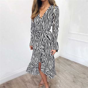 Sommar långa klänningar kvinnor zebra print strand chiffong klänning avslappnad långärmad v nacke ruffles elegant fest klänning vestidos 210527